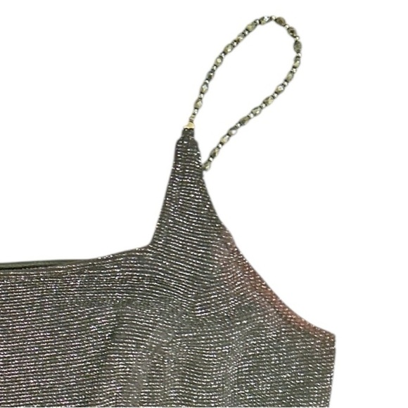 Vintage 90’s Jessica McClintock Navy metallic bodycon Mini Dress bead straps 10 - Picture 10 of 12